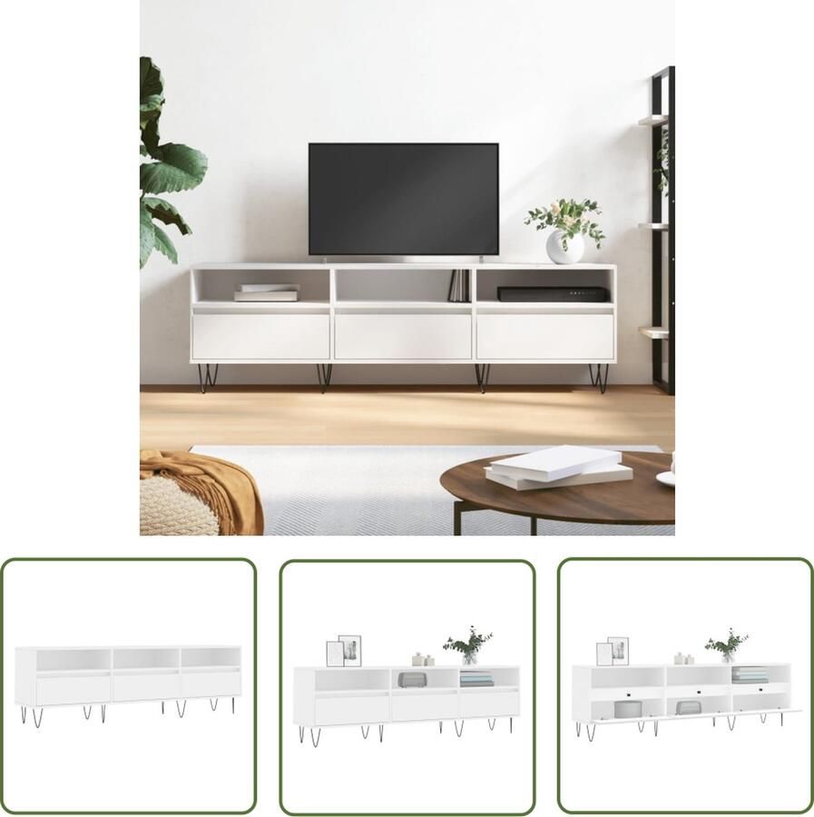 The Living Store Tv-meubel 150x30x44 5 cm bewerkt hout wit TV Kast TV Meubels Houten TV Kast Wit TV Kast Media Kast - Foto 3