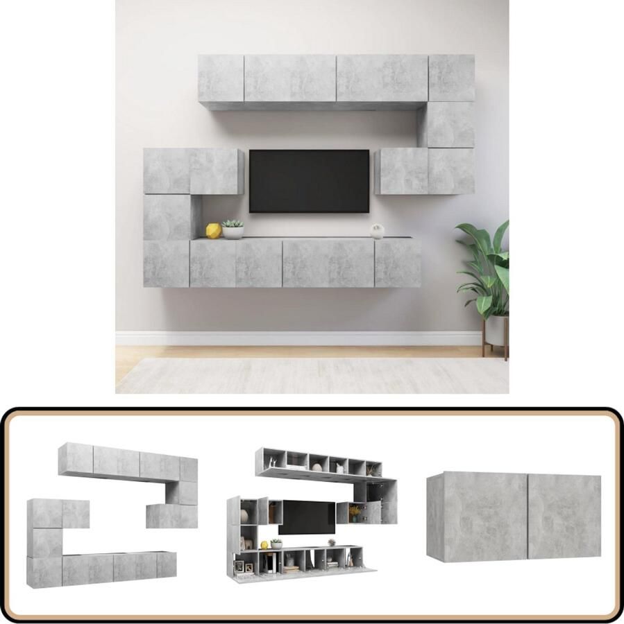 VidaXL Tv-meubelset 10-delig Bewerkt hout Grijs Tv Meubels Houten Tv Kast Tv Kastenset Betonnen Grijs Wandmontage