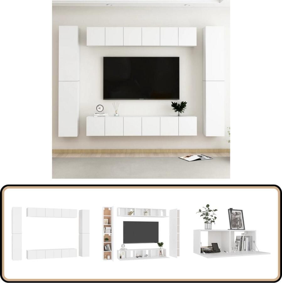 VidaXL Tv-meubelset 10-delig Bewerkt hout Wit Tv Meubels Televisiescherm Salontafel Woonkamerinrichting Houten Tv Stand