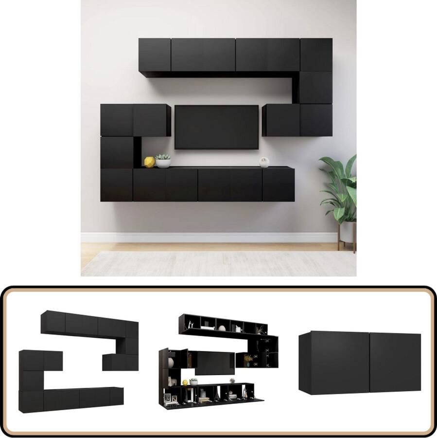 VidaXL Tv-meubelset 10-delig Bewerkt hout Zwart Tv-meubelset Houten Tv-meubel Zwarte Tv-kast Tv Kastensysteem Wandmontage Tv-meubel Opbergruimte Tv-meubel Living Meubels Woonkamerdecoratie Media Center