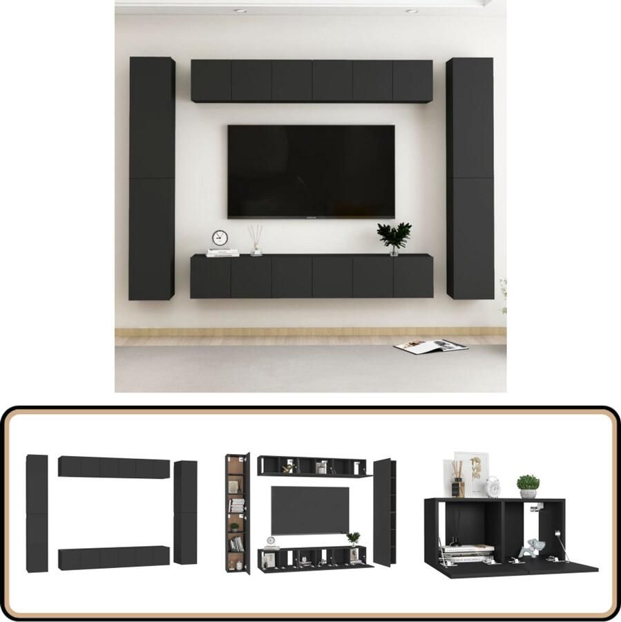 VidaXL Tv-meubelset 10-delig Zwart Spaanplaat Tv Meubels Tv Stand Salontafel Woonkamerinrichting Zwarte Tv Tafel