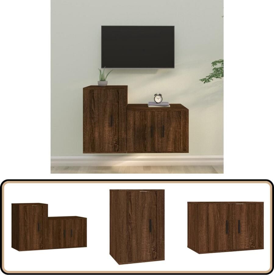 VidaXL Tv-meubelset 2-delig Bewerkt hout Bruin eiken Televisiesecretaris Tv Meubel Houten Kast Bruine Meubels Salontafel - Foto 2