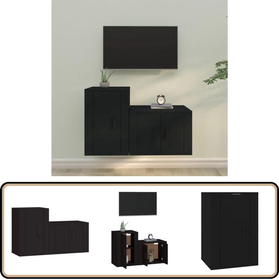 VidaXL Tv-meubelset 2-delig Bewerkt hout Zwart TV Meubel Houten TV Kast Zwarte TV Kast Wandmontage TV Kast Tv Meubels