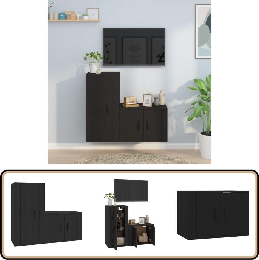 VidaXL Tv-meubelset 2-delig Bewerkt hout Zwart TV Meubel Set Zwarte Kast Houten Tv Stand Tv Meubels Salontafel Woonkamer Decor