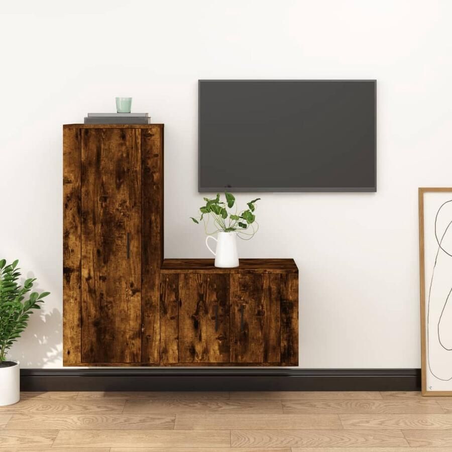 VidaXL Tv-meubelset 2-delig Gerookt eiken Hout TV-meubel Tv-kast Salontafel Houten Tv-stand Bruine Tv-bank Bergruimte Boekenplank Mediastand - Foto 2