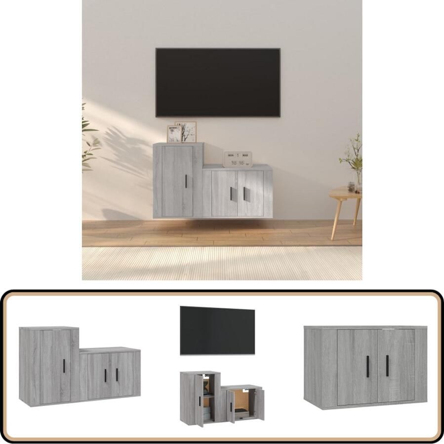 VidaXL Tv-meubelset 2-delig Grijs Sonoma Eiken Televisiesecretaris Salontafel Houten Kast Grijze Kast Tv Stand Wandmontage Opbergkast