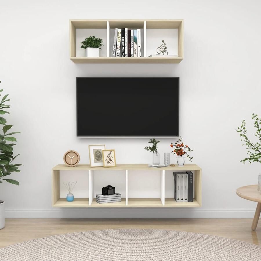 VidaXL Tv-meubelset 2-delig Wit en Sonoma Eiken Televisiescherm Wandmontage Tv Meubelen Salontafel Woonkamer Decoratie Houten Tv Stand