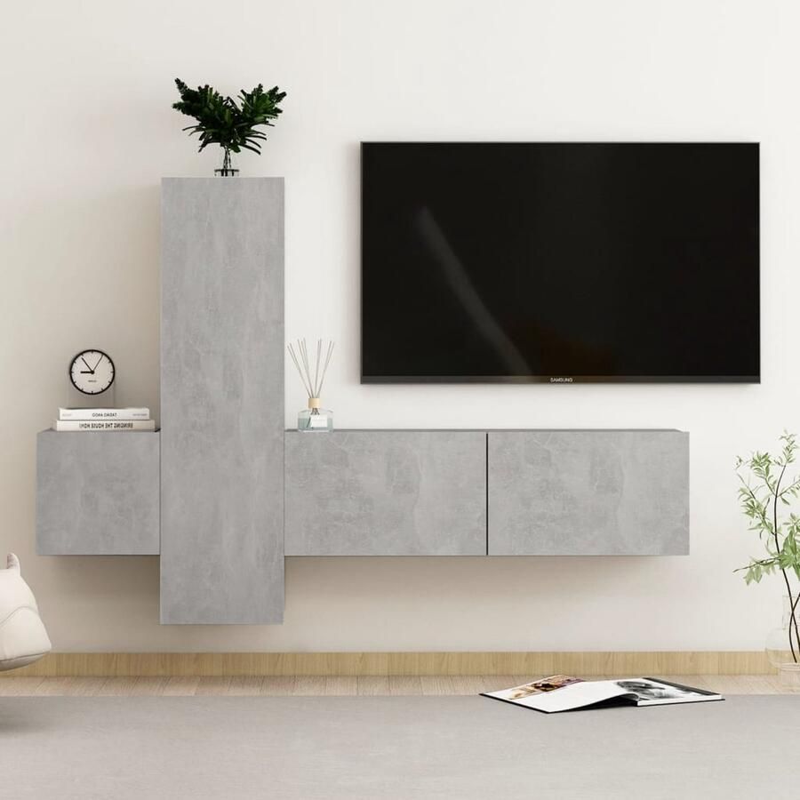 VidaXL Tv-meubelset 3-delig Bewerkt hout Betongrijs Tv Meubels Televisiescherm Wandmontage Tv Stand Salontafel Livingroom Furniture Houten Tv Meubel Grijs Tv Meubel Media Center Entertainment Unit - Foto 2