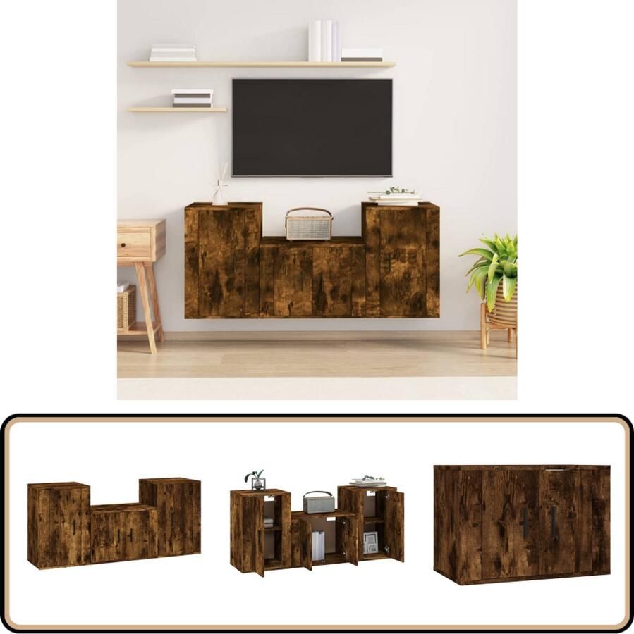 VidaXL Tv-meubelset 3-delig Bewerkt hout Gerookt eiken Televisiekast Tv Kast Houten Tv Kast Tv Meubel Salontafel Livingroom Furniture Bruine Tv Kast Vintage Tv Kast