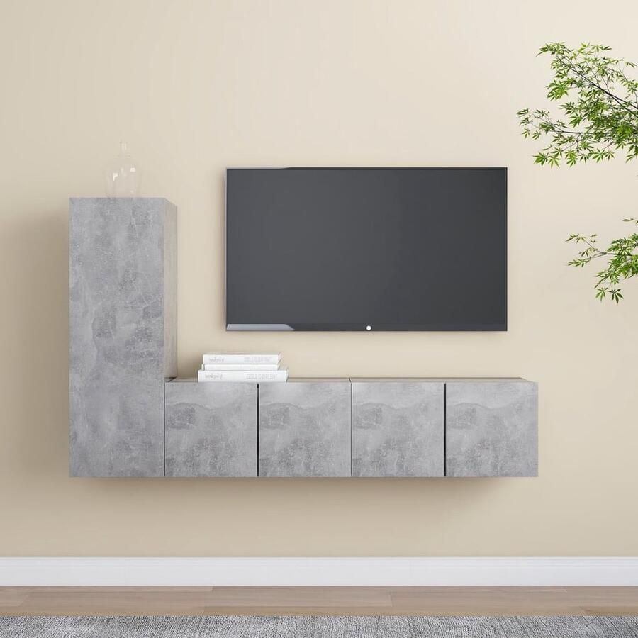 VidaXL Tv-meubelset 3-delig Bewerkt hout Grijs Televisiescherm Tv Meubilair Wandmontage Tv Kasten Houten Tv Stand Grijs Tv Meubel Beton Look Livingroom Decor Saloninrichting Opslagruimte Media Center - Foto 2