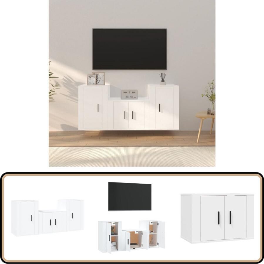 VidaXL Tv-meubelset 3-delig Bewerkt hout Wit Televisieserie Tv Kast Houten Tv Kast Wit Tv Kast Wandmontage Tv Kast Opbergkast Mediakast