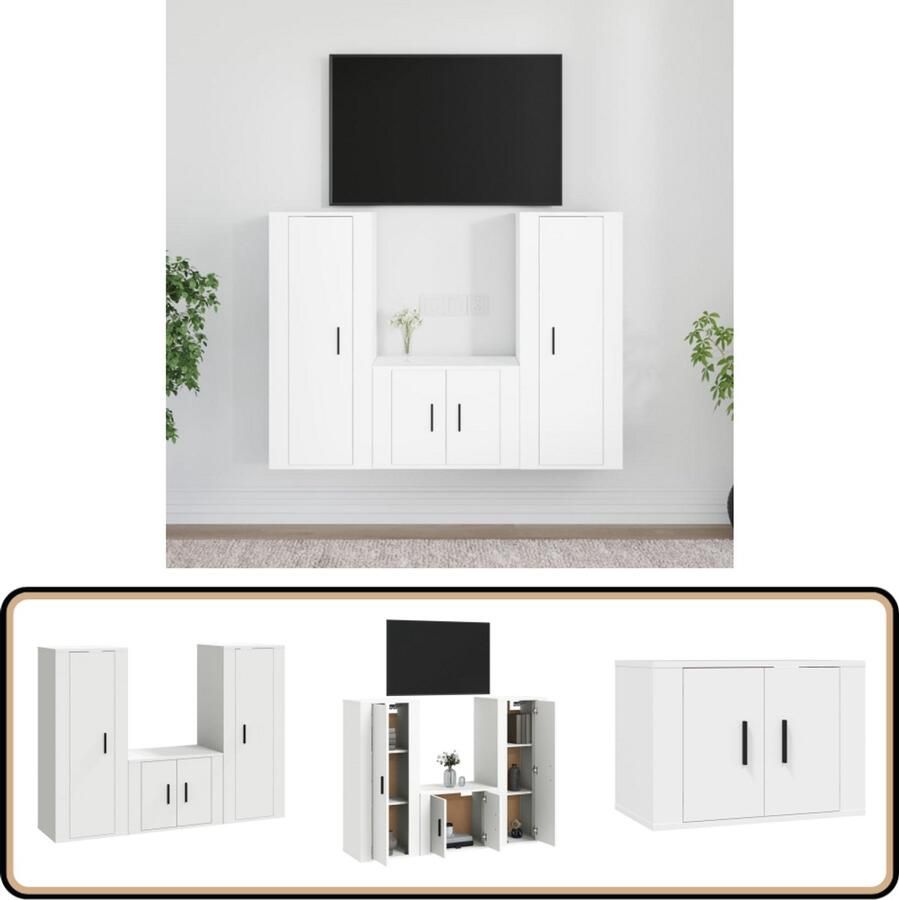 VidaXL Tv-meubelset 3-delig Bewerkt hout Wit TV Kasten Houten TV Kast Wit TV Meubel Salon Meubilair Opbergkast Mediakast