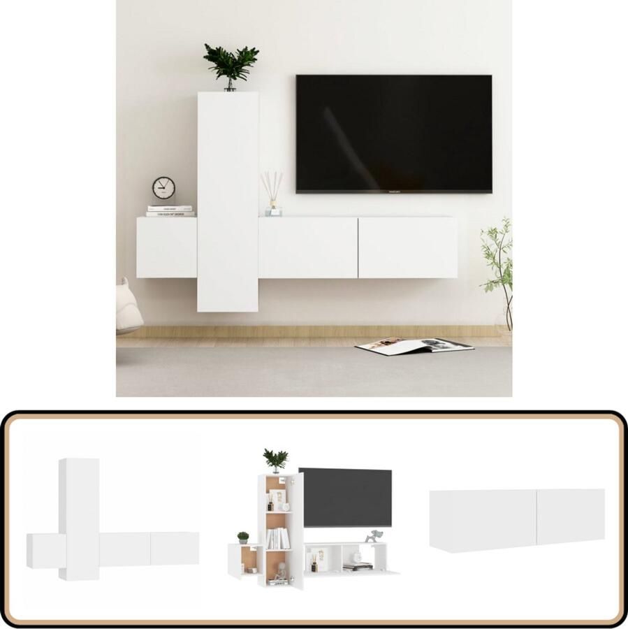 VidaXL Tv-meubelset 3-delig Bewerkt hout Wit Tv-meubel Televisiescherm Salontafel Woonkamerinrichting Houten Meubilair Witte Meubels Modern Tv-meubel Stijlvol Tv-meubel Compact Tv-meubel Wandmontage