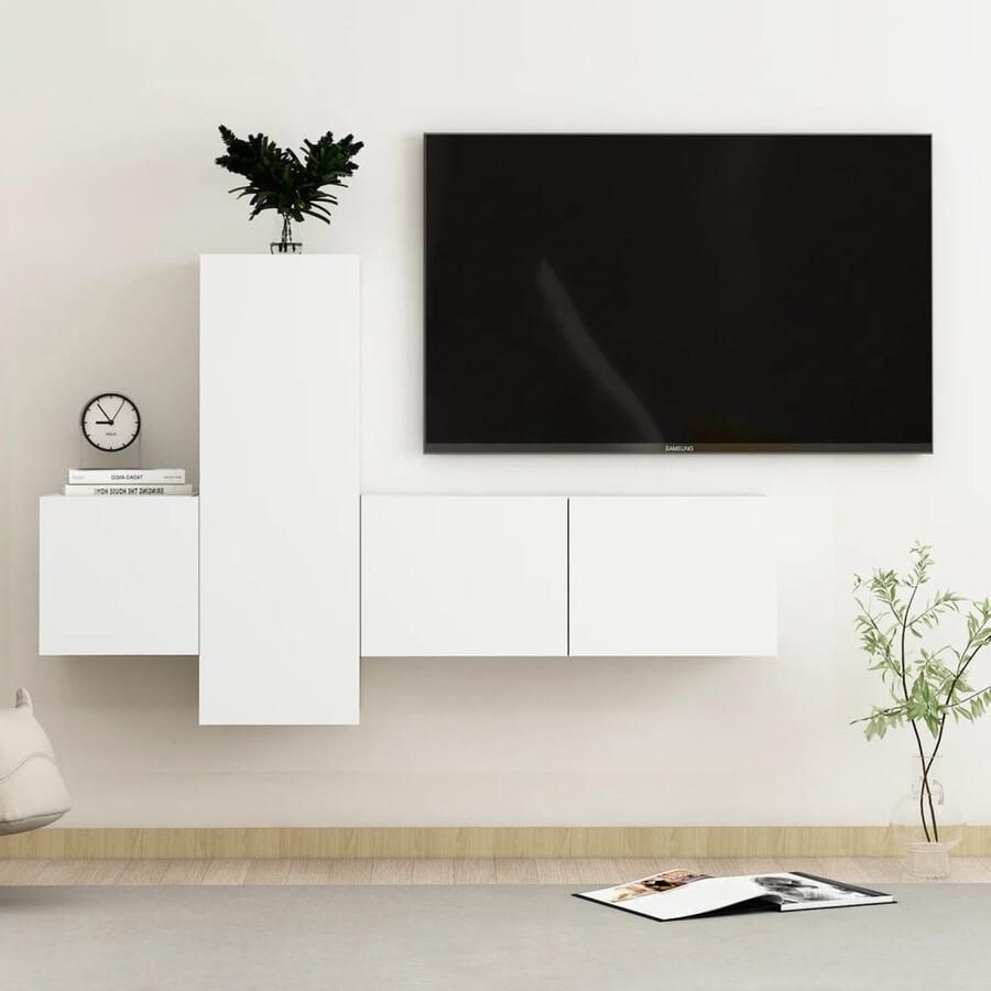 VidaXL Tv-meubelset 3-delig Bewerkt Hout Wit Tv Meubels Tv Kast Salontafel Houten Tv Stand Witte Tv Kast Media Kast Videowerkbank Living Room Furniture Woonkamerinrichting - Foto 2