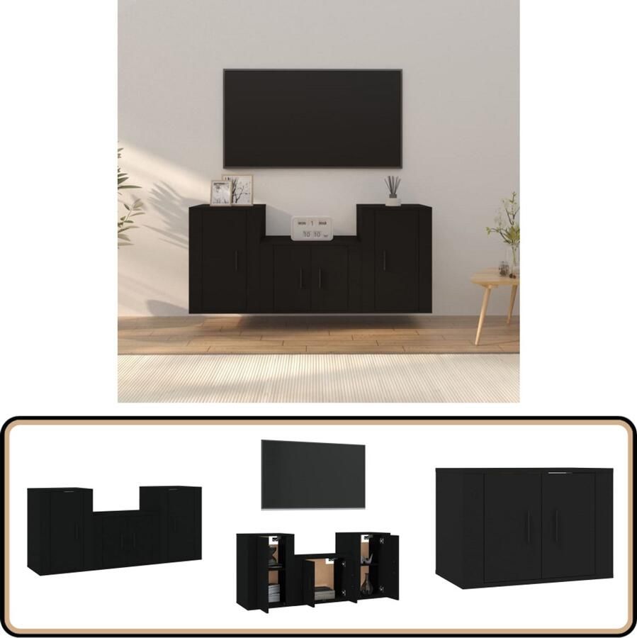 VidaXL Tv-meubelset 3-delig Bewerkt hout Zwart Televisiekast Tv Meubel Zwarte Kast Houten Kast Salon Meubilair