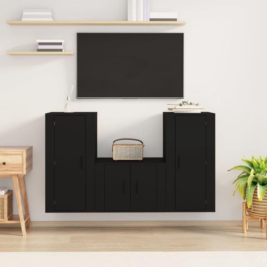 VidaXL Tv-meubelset 3-delig Bewerkt hout Zwart TV Meubel Set Tv Kast Hifi Kast Houten Tv Meubels Zwarte Tv Kast Wandmontage Tv Kast Opbergruimte Tv Kast - Foto 2