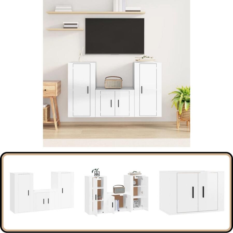 VidaXL Tv-meubelset 3-delig Hoogglans wit Hout Tv Kast Televisiesecretaris Salontafel Houten Meubels Houtsoort Wit Meubilair Modern Wonen Livingroom Decor