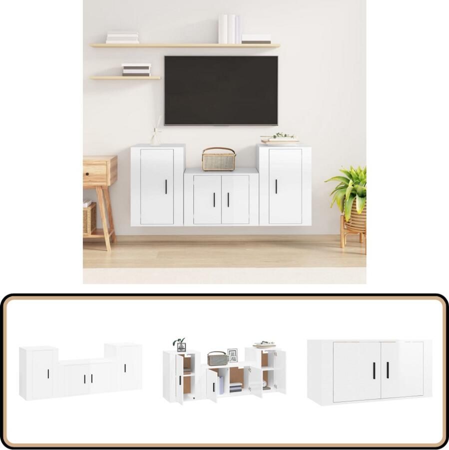 VidaXL Tv-meubelset 3-delig Hoogglans Wit Tv Meubel Houten Tv Kast Tv Stand Witte Tv Kast Vintage Tv Kast Modern Tv Kast Salon Meubels Woonkamer Decoratie