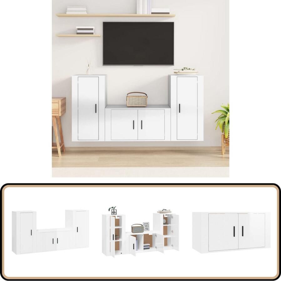 VidaXL Tv-meubelset 3-delig Hoogglans wit TV Meubel Set Tv Kast Hifi Meubel Woonkamer Meubels Witte Tv Kast
