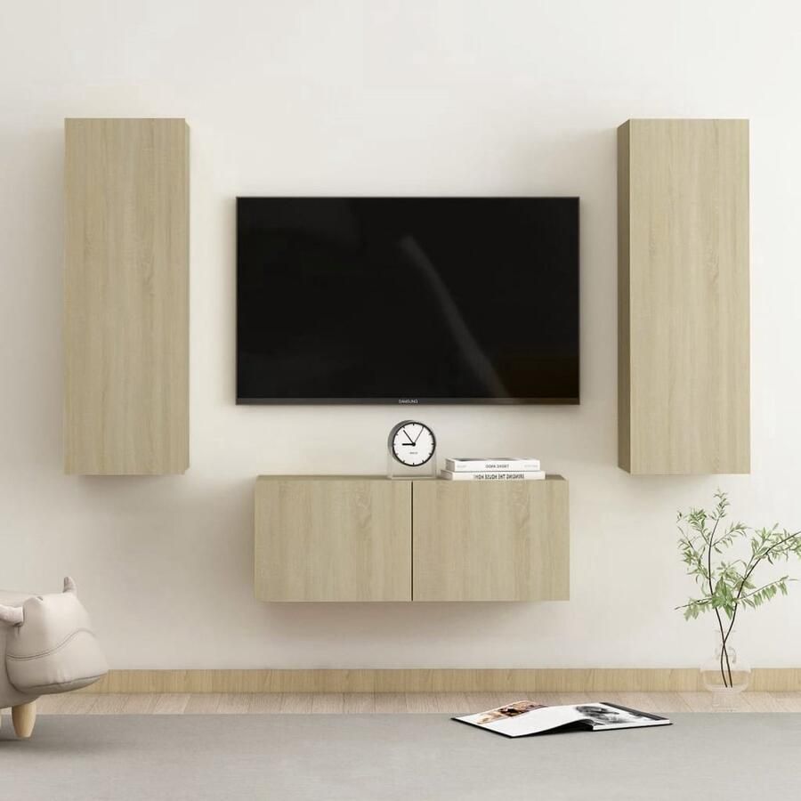 VidaXL Tv-meubelset 3-delig Sonoma eiken Hout Televisiescherm Tv Meubels Salontafel Woonkamerdecoratie Houten Meubels Bruine Meubels Wandmontage Tv Stand Media Unit Entertainment Center Sonoma Eiken - Foto 2