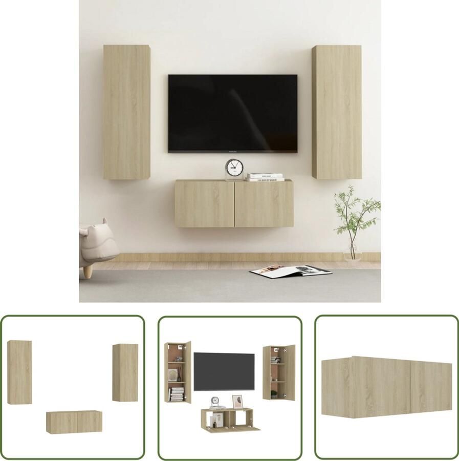 VidaXL Tv-meubelset 3-delig Sonoma eiken Hout Televisiescherm Tv Meubels Salontafel Woonkamerdecoratie Houten Meubels Bruine Meubels Wandmontage Tv Stand Media Unit Entertainment Center Sonoma Eiken