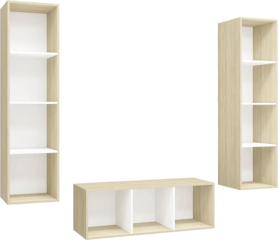 VidaXL Tv-meubelset 3-delig wit & sonoma eiken Televisiescherm Tv-meubel Salontafel Tv Stand Media Center Woonkamerdecoratie Houten Tv-stand