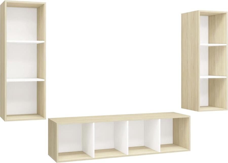 VidaXL Tv-meubelset 3-delig Wit en Sonoma Eiken Tv-meubel Wandmontage Salontafel Houten Tv-stand Media Kast Livingroom Furniture Tv Kasten