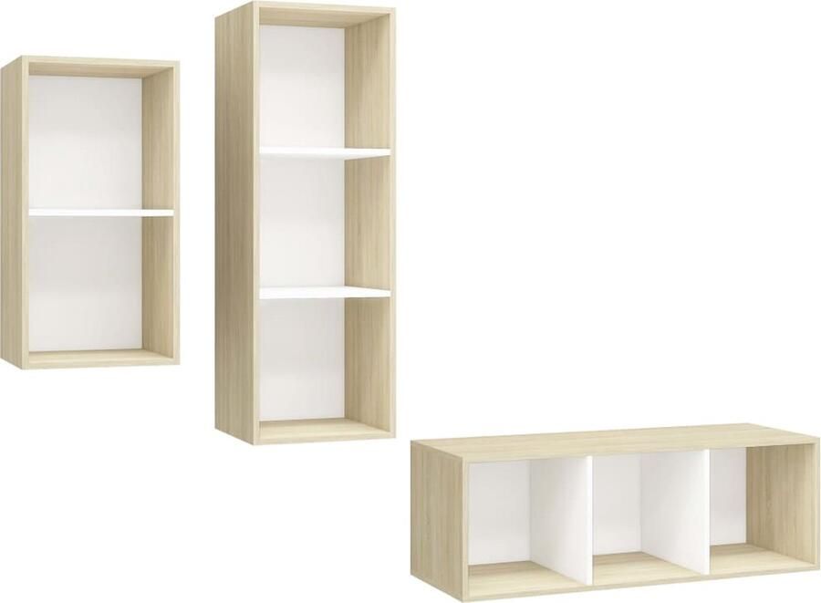 VidaXL Tv-meubelset 3-delig Wit en sonoma eiken Tv Meubels Wandmontage Tv Salontafel Houten Tv Stand Wit Tv Meubel Eiken Tv Meubel Opslag Tv Meubel Media Kast Entertainment Center Living Room Furniture