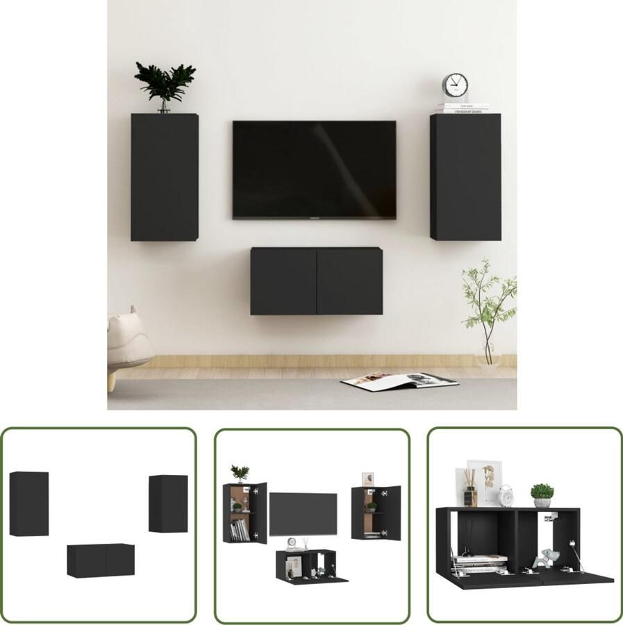 VidaXL Tv-meubelset 3-delig Zwart Bewerkt hout Televisiescherm Tv Meubilair Tv Stand Salontafel Woonkamerdecoratie Zwarte Tv Tafel Houten Tv Meubel Media Center Entertainmentcenter Opslagruimte Wandmontage Modern Tv Meubel - Foto 2