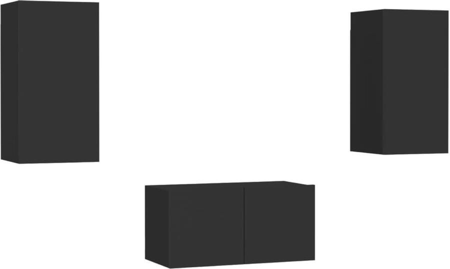 VidaXL Tv-meubelset 3-delig Zwart Bewerkt hout Televisiescherm Tv Meubilair Tv Stand Salontafel Woonkamerdecoratie Zwarte Tv Tafel Houten Tv Meubel Media Center Entertainmentcenter Opslagruimte Wandmontage Modern Tv Meubel