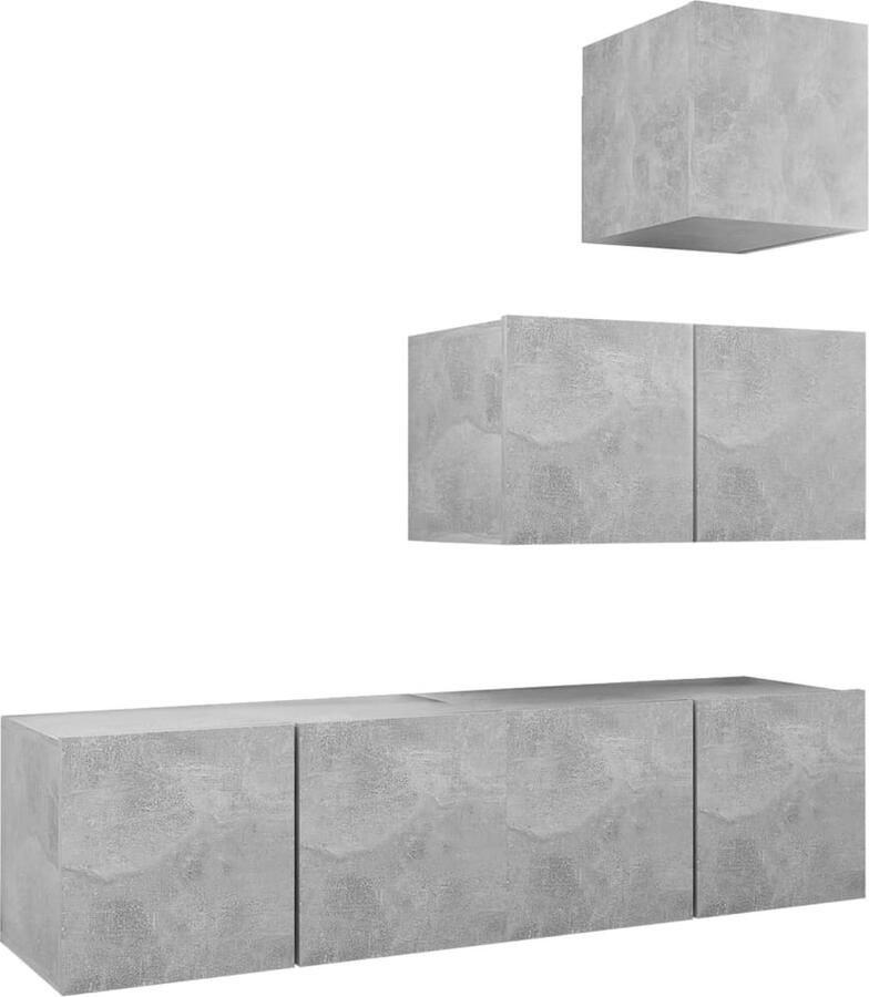 VidaXL Tv-meubelset 4-delig Bewerkt hout Betongrijs Tv Kast Houten Tv Kast Tv Meubels Tv Kastenset Wandmontage Tv Kast Betonnen Grijs Grijze Tv Kast Livingroom Furniture Home Deco Media Storage