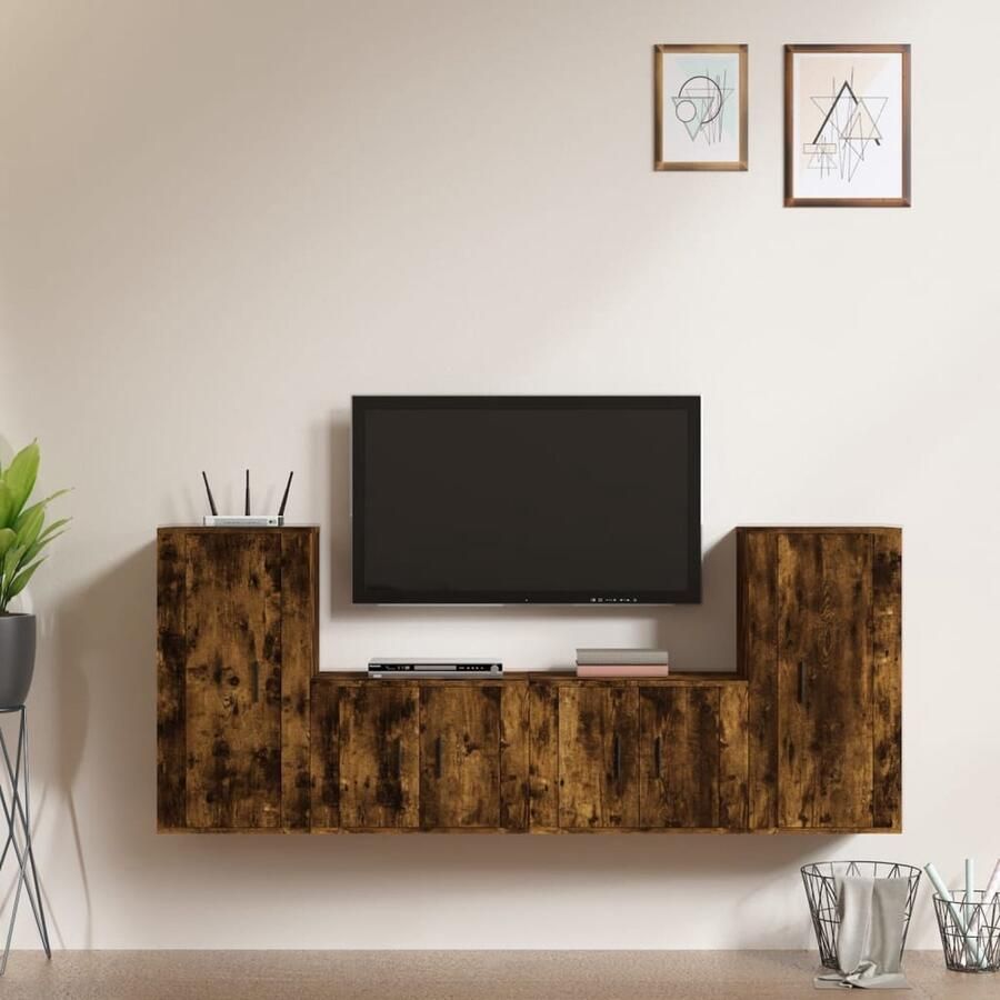 VidaXL Tv-meubelset 4-delig Bewerkt Hout Gerookt Eiken TV Kast Tv Meubel Houten Tv Stand Bruine Tv Kast Landelijk Tv Meubel Salontafel Opbergruimte Wandmontage - Foto 3