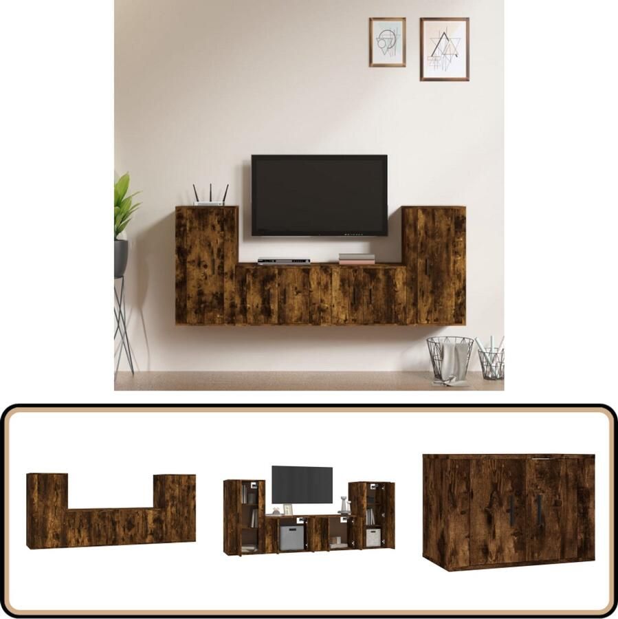 VidaXL Tv-meubelset 4-delig Bewerkt Hout Gerookt Eiken TV Kast Tv Meubel Houten Tv Stand Bruine Tv Kast Landelijk Tv Meubel Salontafel Opbergruimte Wandmontage