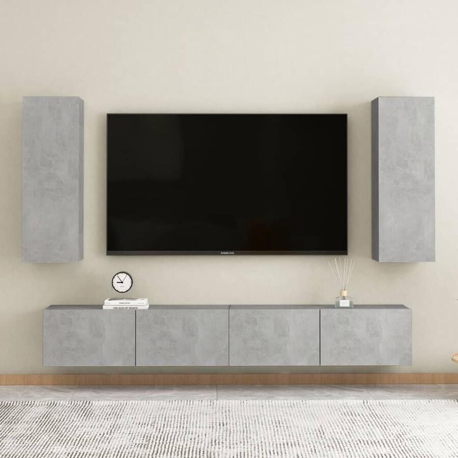 VidaXL Tv-meubelset 4-delig Bewerkt hout Grijs Televisiescherm Tv Meubilair Salontafel Woonkamerinrichting Houten Tv Stand Grijs Tv Meubel Modern Tv Meubel Compact Tv Meubel Tv Kast - Foto 2