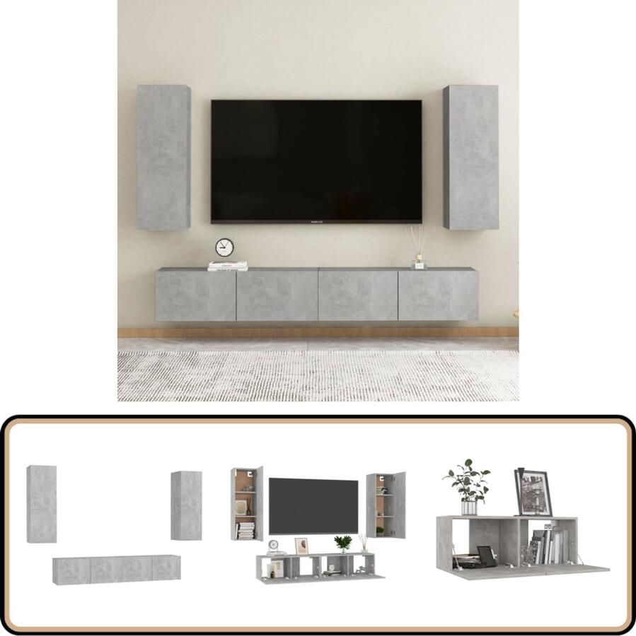 VidaXL Tv-meubelset 4-delig Bewerkt hout Grijs Televisiescherm Tv Meubilair Salontafel Woonkamerinrichting Houten Tv Stand Grijs Tv Meubel Modern Tv Meubel Compact Tv Meubel Tv Kast