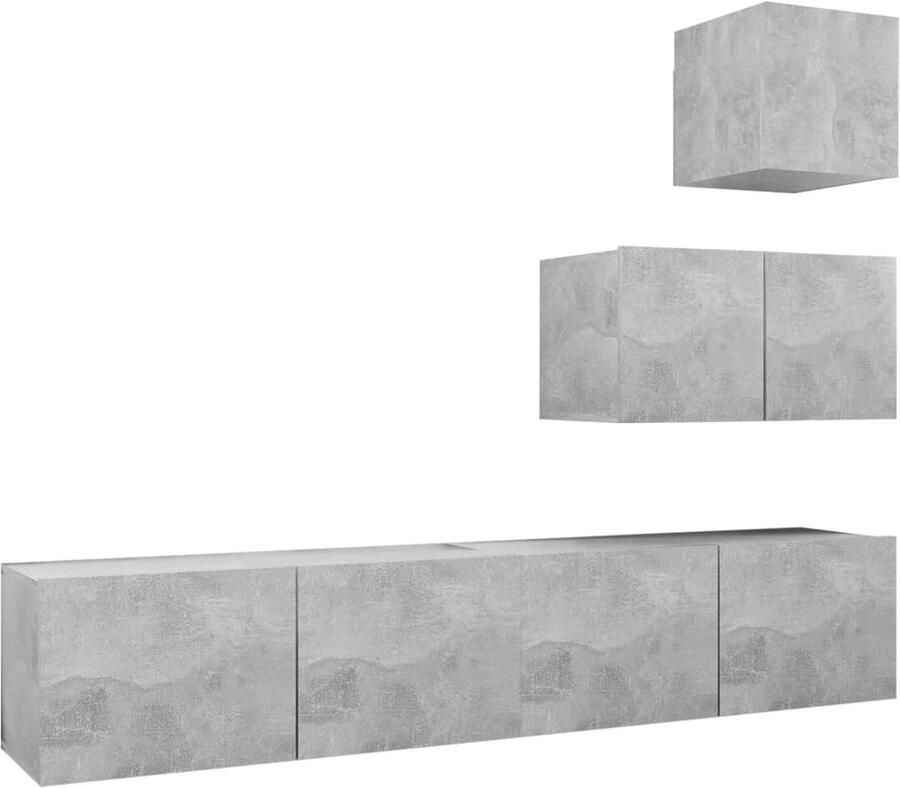 VidaXL Tv-meubelset 4-delig Bewerkt hout Grijs Tv Kast Tv Meubels Tv Kastenset Livingroom Furniture Beton Grijs Houten Tv Kast Media Kast Boekenplank Bergruimte Wandmontage Slaapkamer Meubilair Huiskamer Meubelen