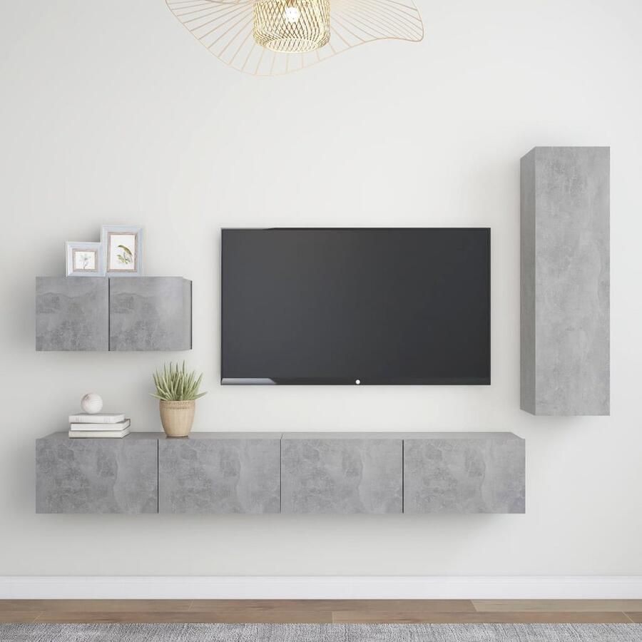 VidaXL Tv-meubelset 4-delig Bewerkt hout Grijs Tv Meubilair Tv Kasten Wandmontage Tv Saloninrichting Houten Tv Stand Grijs Tv Meubel - Foto 2