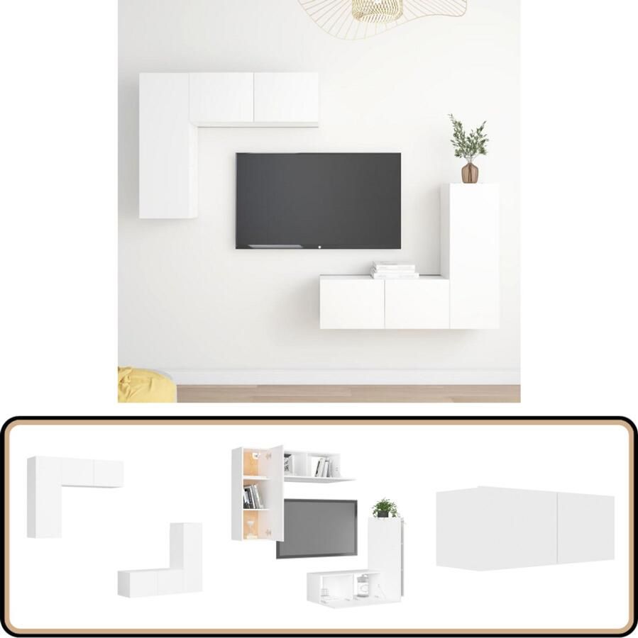 VidaXL Tv-meubelset 4-delig Bewerkt hout Wit Televisiescherm Wandmontage Tv Meubilair Salontafel Woonkamerdecoratie Houten Tv Stand Witte Tv Kasten Tv Kast Set Opslagruimte Modern Interieur Minimalistische Stijl