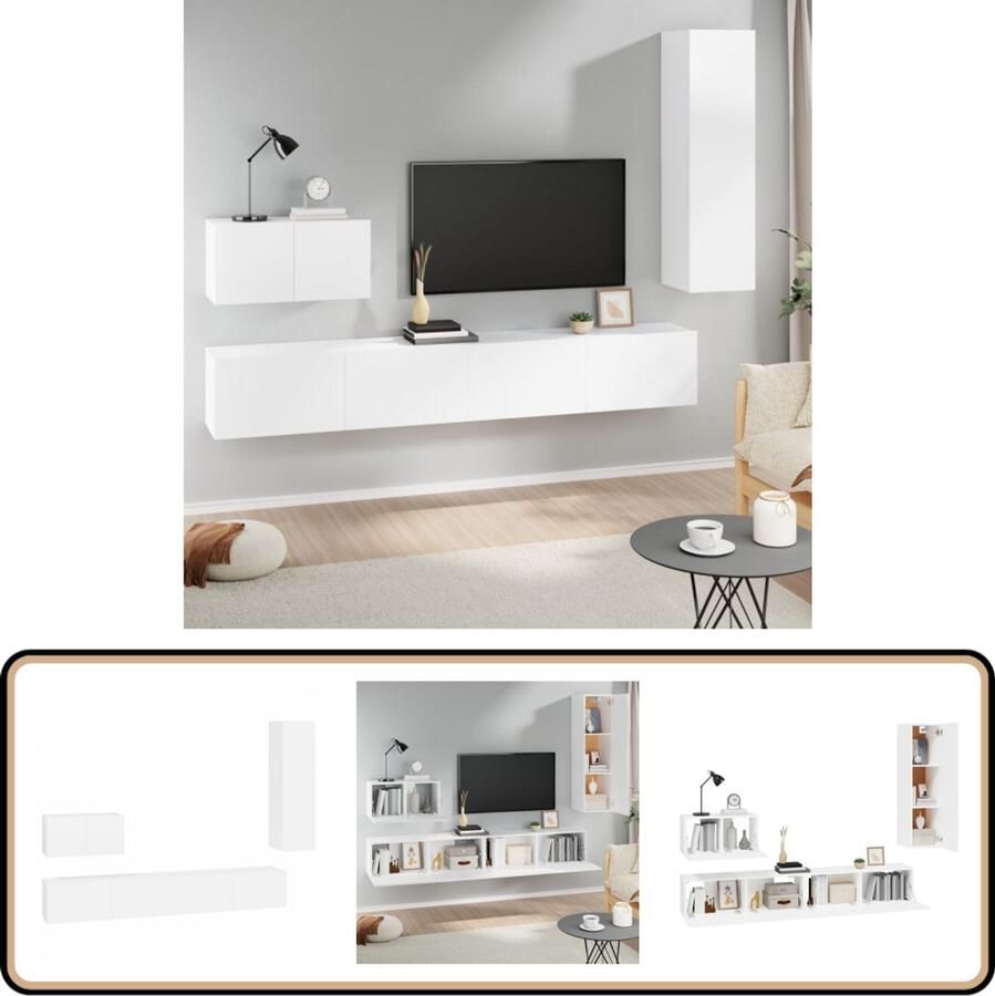 VidaXL Tv-meubelset 4-delig Bewerkt hout Wit Televisieserie Wandmontage Houten Meubilair Witte Meubelserie Salontafel
