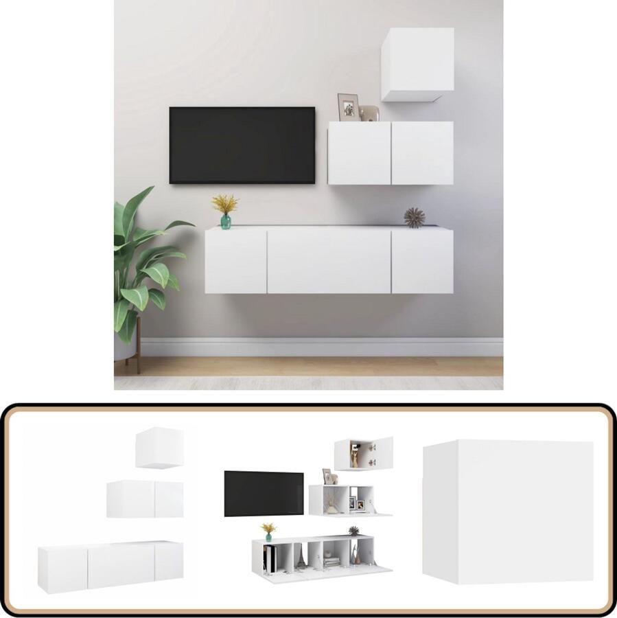 VidaXL Tv-meubelset 4-delig Bewerkt hout Wit Tv Kast Tv Meubels Wandmontage Witte Tv Kast Boekenplank Opslagruimte Livingroom Furniture Media Center Woonaccessoires Home Deco