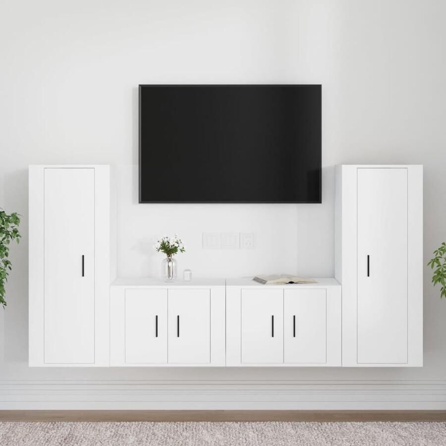 VidaXL Tv-meubelset 4-delig Bewerkt hout Wit TV Meubel Tv Kasten Hifi Meubilair Houten Tv Stand Witte Tv Kast Classic Tv Furniture - Foto 2