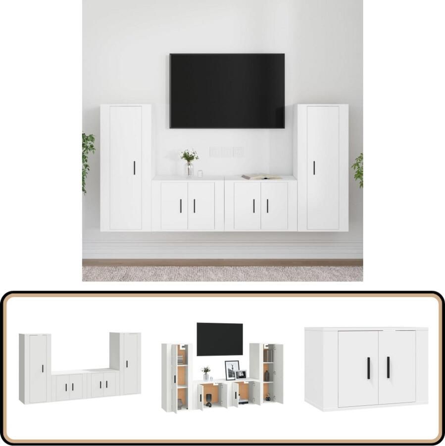 VidaXL Tv-meubelset 4-delig Bewerkt hout Wit TV Meubel Tv Kasten Hifi Meubilair Houten Tv Stand Witte Tv Kast Classic Tv Furniture