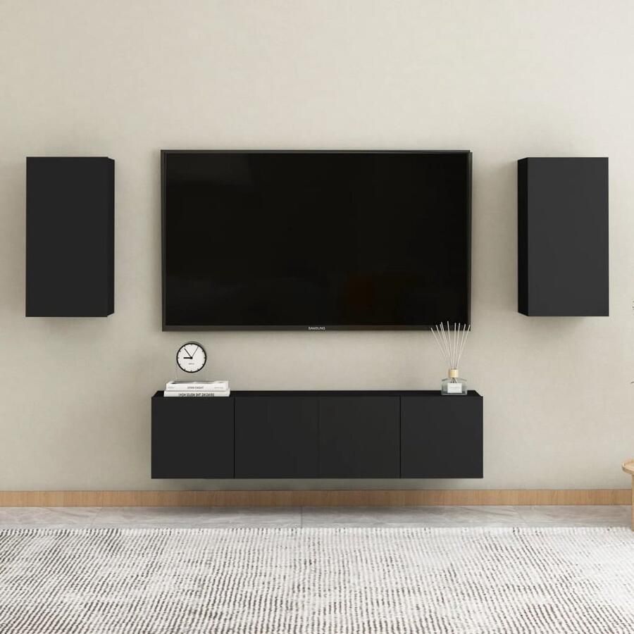 VidaXL Tv-meubelset 4-delig Bewerkt hout Zwart Televisiescherm Tv Meubilair Salontafel Woonkamerdecoratie Zwarte Tv Stand Houten Tv Kast Media Kast Videowereld Entertainment Center Tv Unit Mediabox - Foto 2