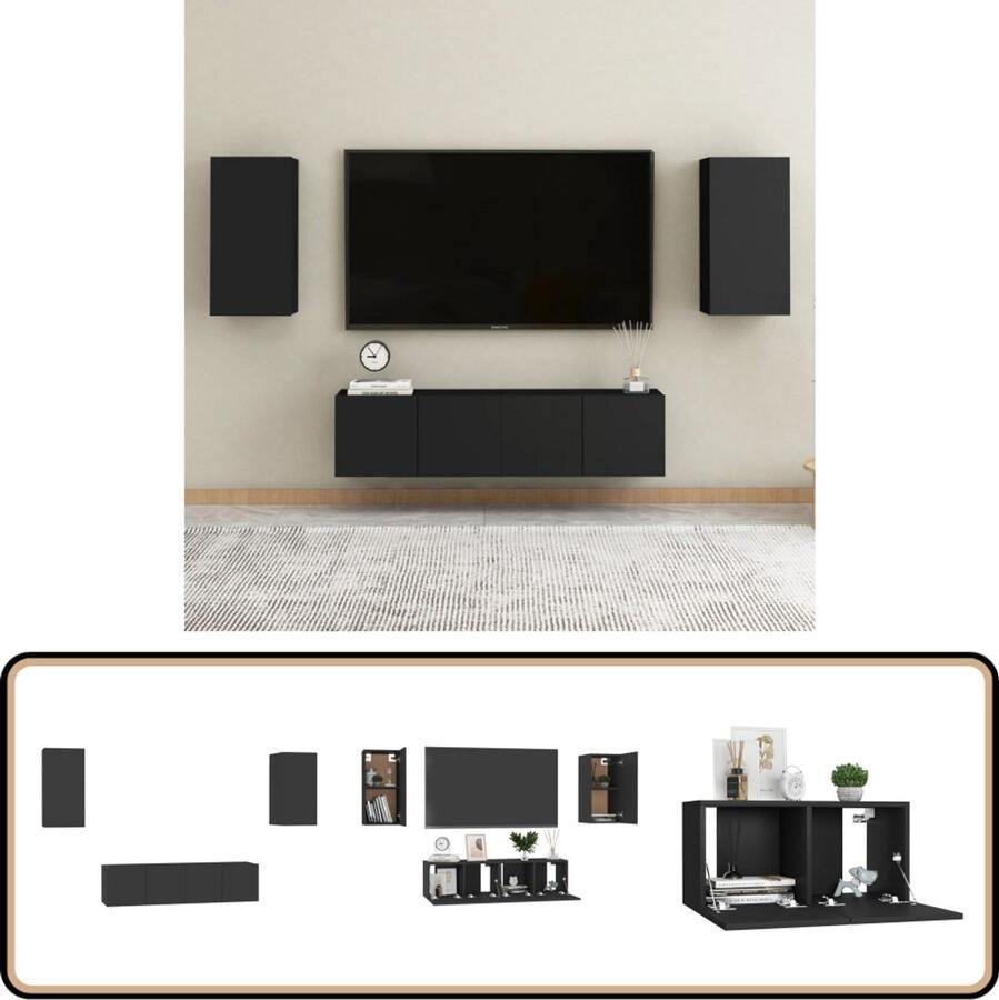 VidaXL Tv-meubelset 4-delig Bewerkt hout Zwart Televisiescherm Tv Meubilair Salontafel Woonkamerdecoratie Zwarte Tv Stand Houten Tv Kast Media Kast Videowereld Entertainment Center Tv Unit Mediabox
