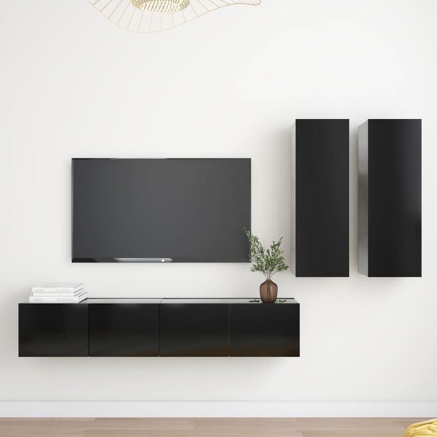 VidaXL Tv-meubelset 4-delig Bewerkt hout Zwart Televisiescherm Tv Meubilair Wandmontage Tv Kasten Set Houten Tv Stand Zwarte Tv Kast Salontafel Woonkamer Decoratie Opslagruimte Media Center - Foto 2
