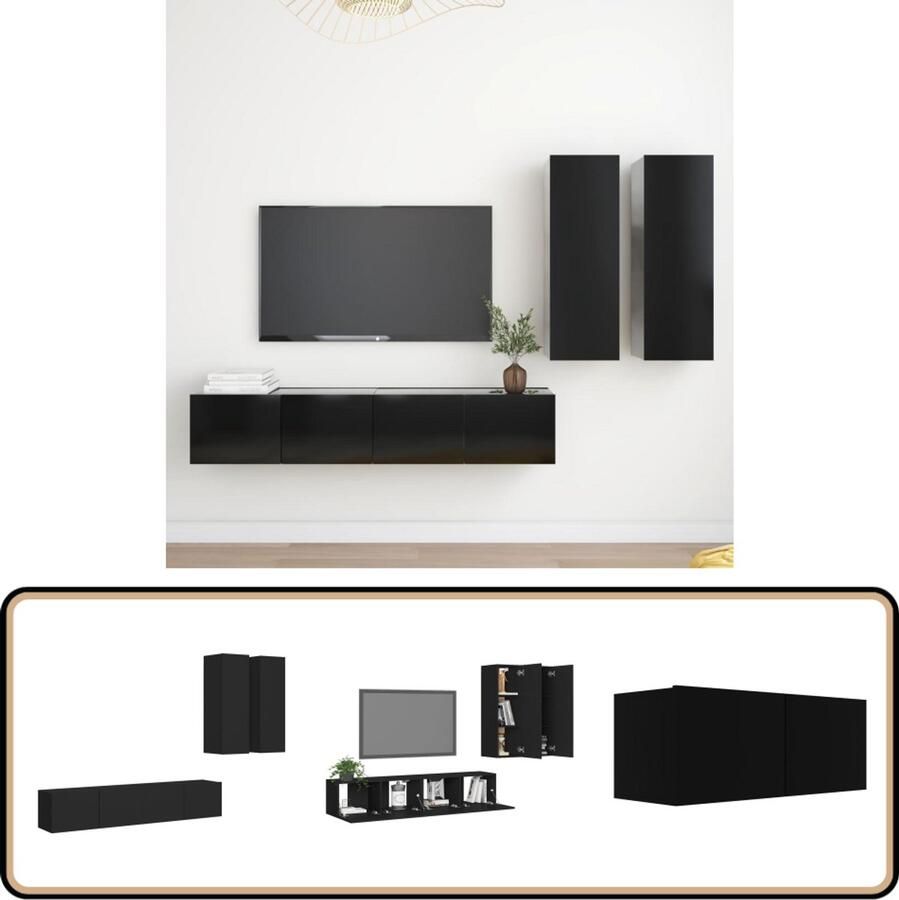 VidaXL Tv-meubelset 4-delig Bewerkt hout Zwart Televisiescherm Tv Meubilair Wandmontage Tv Kasten Set Houten Tv Stand Zwarte Tv Kast Salontafel Woonkamer Decoratie Opslagruimte Media Center