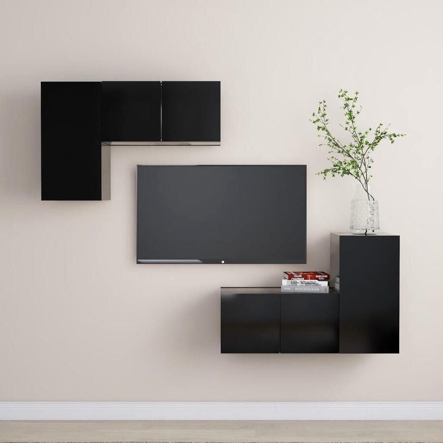 VidaXL Tv-meubelset 4-delig Bewerkt hout Zwart Televisiescherm Tv Meubilair Wandmontage Zwarte Tv Kasten Houten Tv Stand Tv Salontafel Media Kast Opslag Ruimte Living Room Decor Interieur Styling - Foto 2