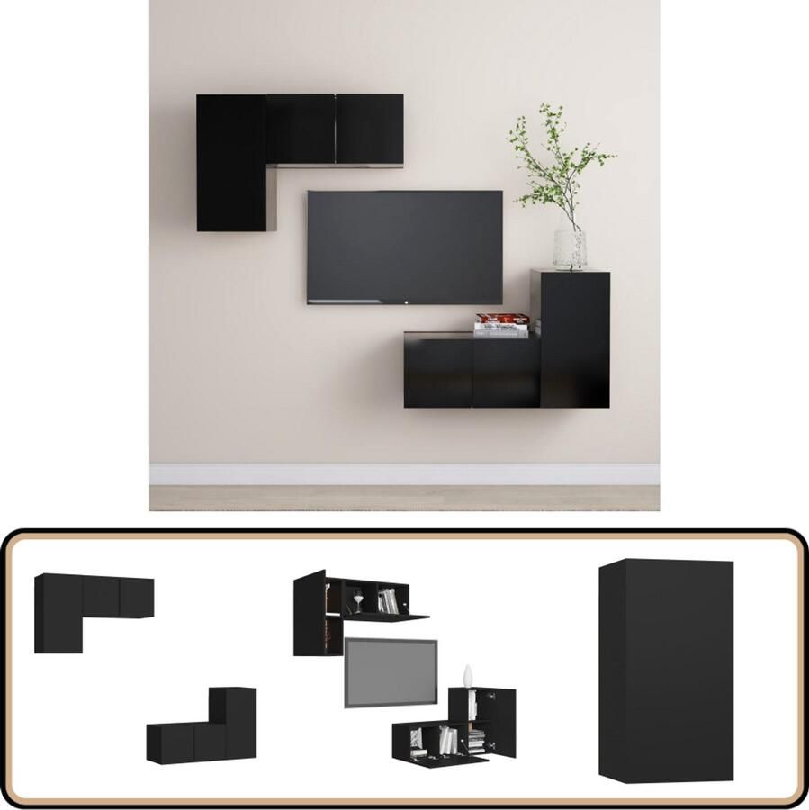 VidaXL Tv-meubelset 4-delig Bewerkt hout Zwart Televisiescherm Tv Meubilair Wandmontage Zwarte Tv Kasten Houten Tv Stand Tv Salontafel Media Kast Opslag Ruimte Living Room Decor Interieur Styling