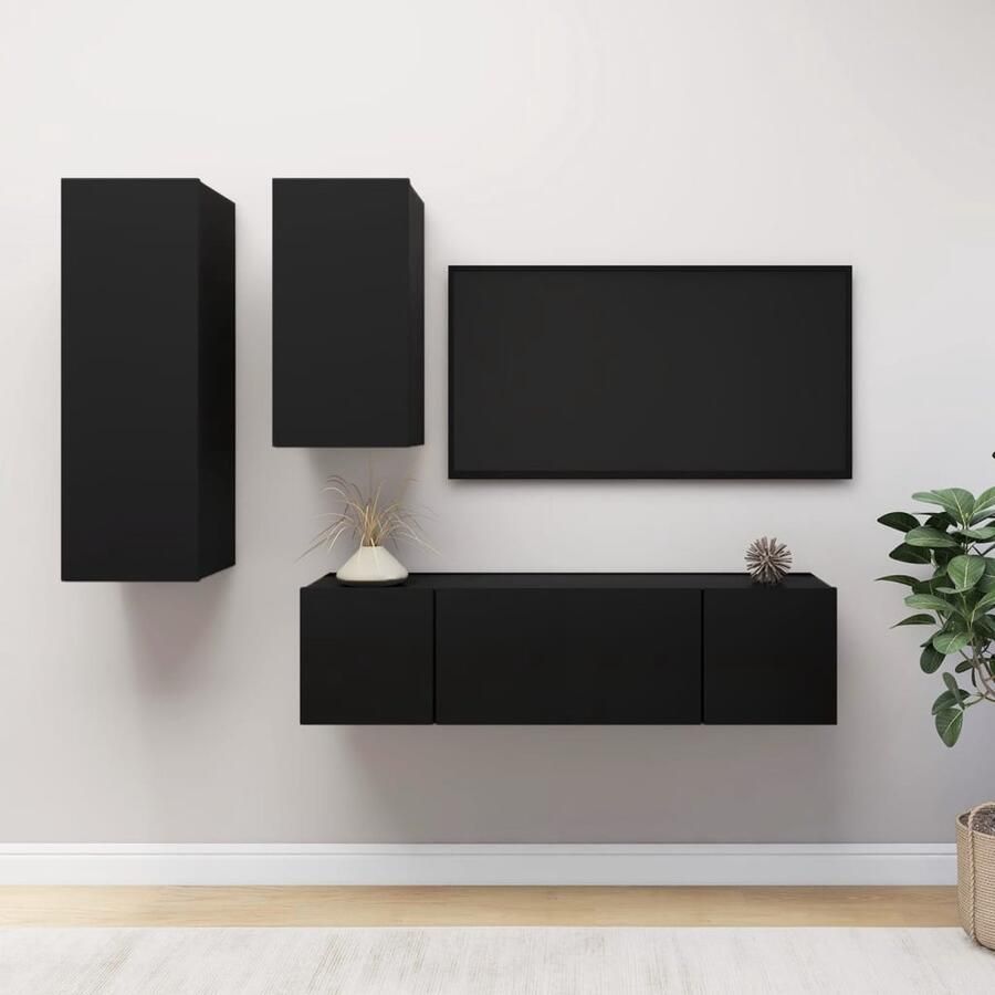 VidaXL Tv-meubelset 4-delig Bewerkt hout Zwart Tv-meubel Houten Tv-meubel Zwarte Tv-kast Wandmontage Tv-meubel Tv-kamer Meubilair Livingroom Furniture Media Center Boekenplank Opslagruimte Spaanplaat - Foto 2