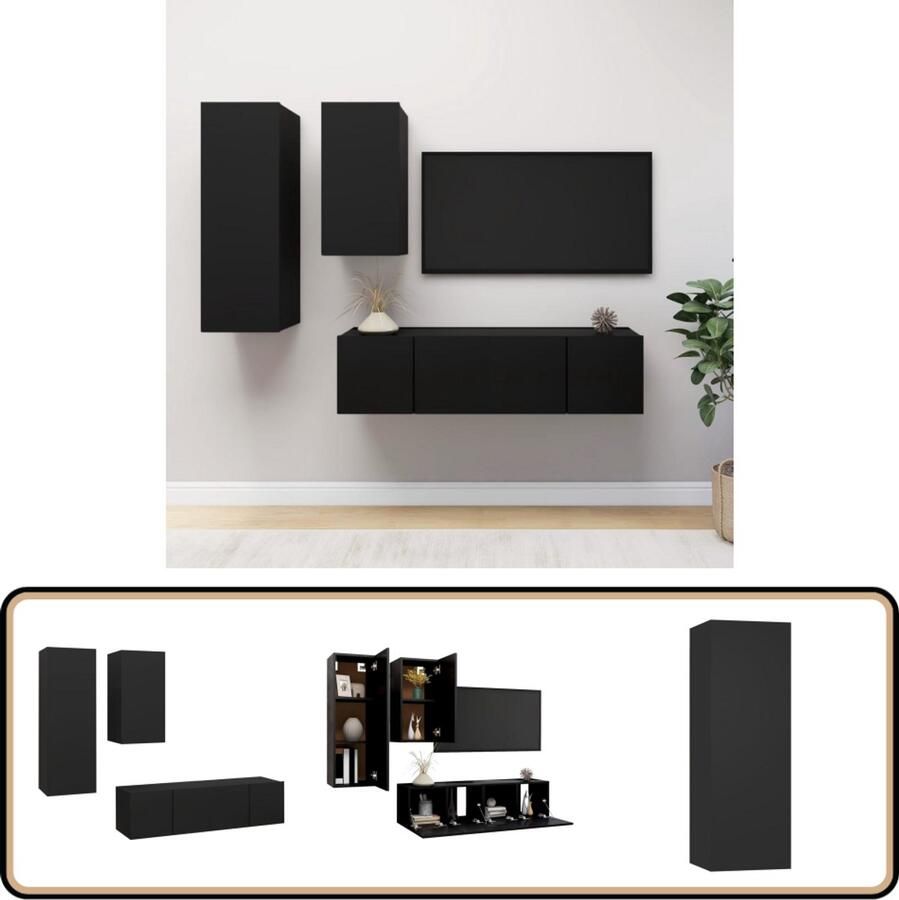 VidaXL Tv-meubelset 4-delig Bewerkt hout Zwart Tv-meubel Houten Tv-meubel Zwarte Tv-kast Wandmontage Tv-meubel Tv-kamer Meubilair Livingroom Furniture Media Center Boekenplank Opslagruimte Spaanplaat